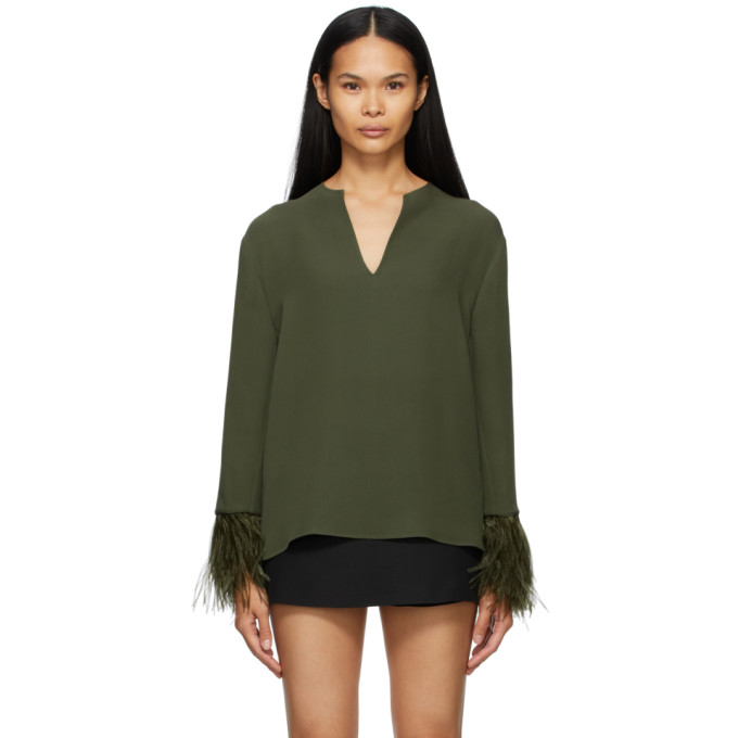 Valentino Green Silk Feather Embellished Blouse