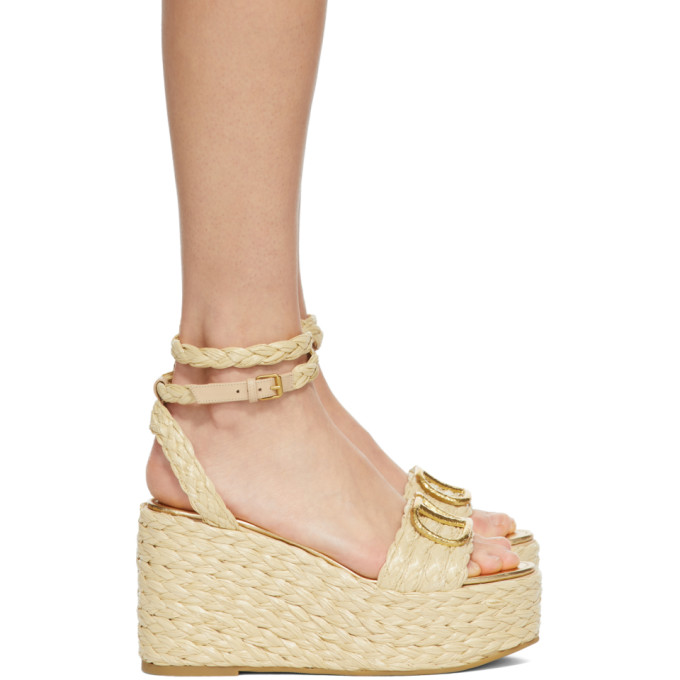 Valentino Garavani Black  Vlogo Wedge Espadrilles Heels In 0ne Naturale