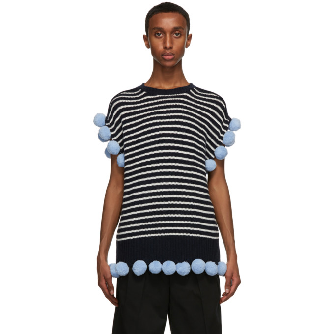 JW Anderson Navy and Off-White Wool Pom-Pom Sleeveless Sweater