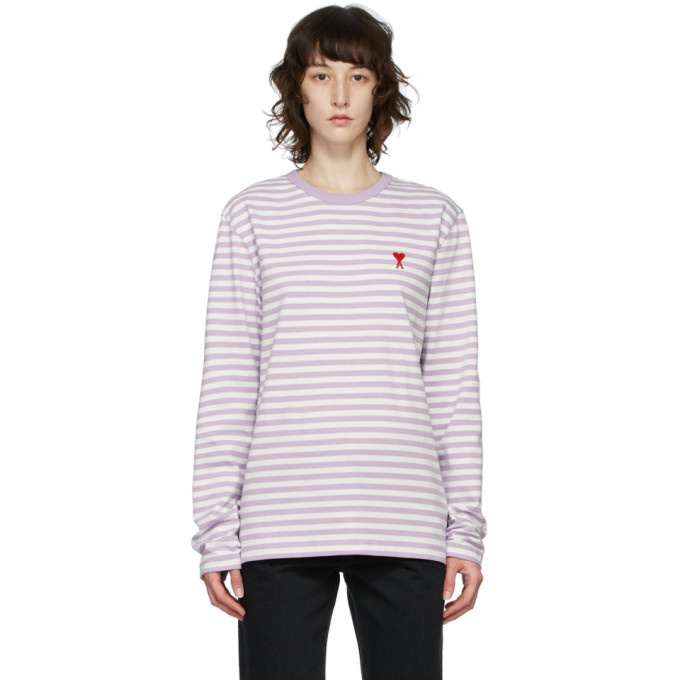 AMI Alexandre Mattiussi Purple and White Ami De Coeur Mariniere Long Sleeve T-Shirt