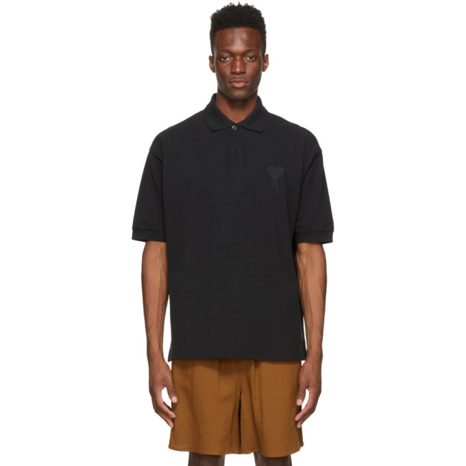 AMI ALEXANDRE MATTIUSSI BLACK OVERSIZE AMI DE COEUR POLO