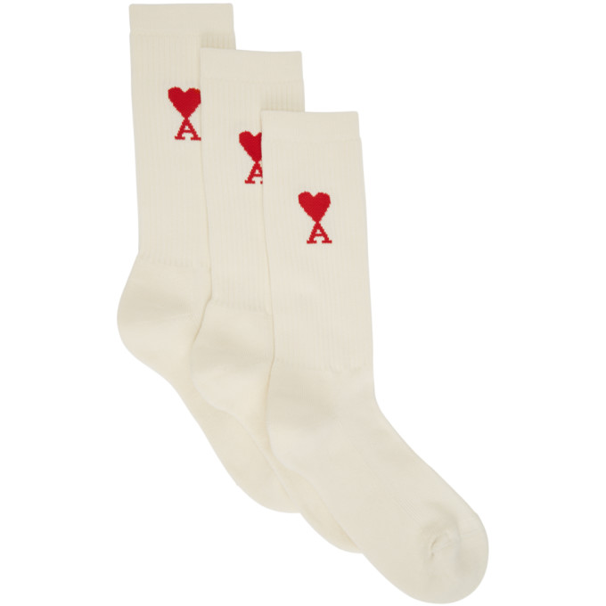 AMI Alexandre Mattiussi Three-Pack Off-White Ami De Coeur Socks