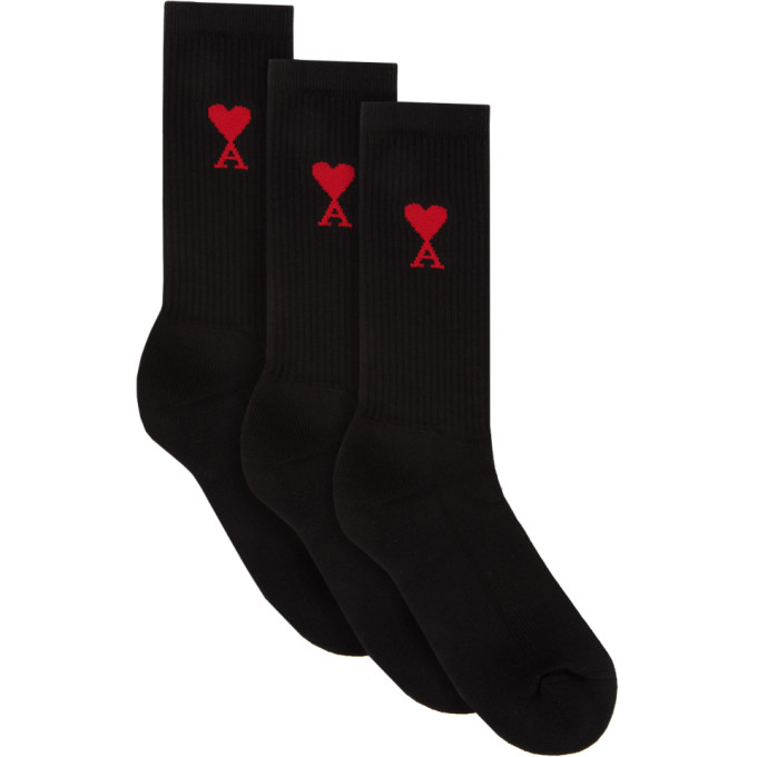 AMI Alexandre Mattiussi Three-Pack Black Ami De Coeur Socks