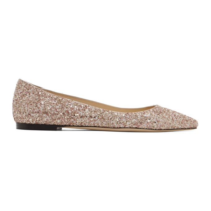 Jimmy Choo SSENSE Exclusive Pink and Gold Coarse Glitter Romy Flats