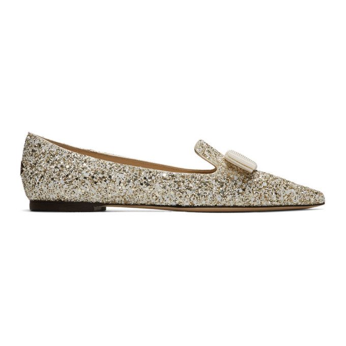 Jimmy Choo Gold and White Coarse Glitter Gala Flats