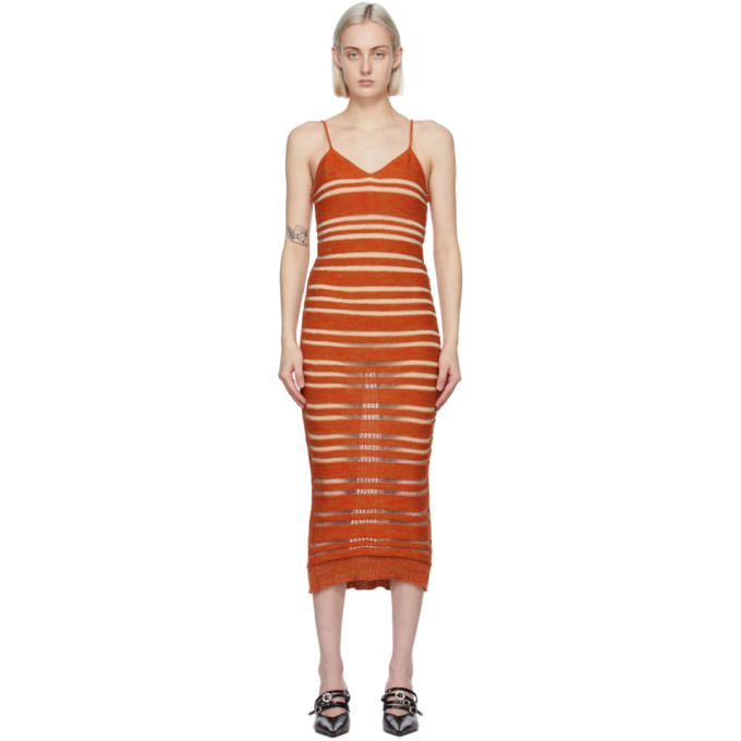 Louise Lyngh Bjerregaard Orange Knit Horizontal Stripe Mid-Length Dress