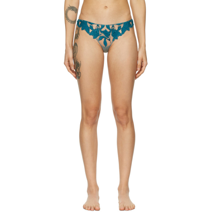 Fleur du Mal Blue Velvet Lily Embroidered Thong