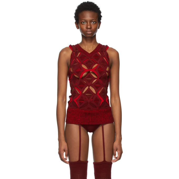 ISA BOULDER SSENSE Exclusive Burgundy Argyle Waffle V-Neck Vest