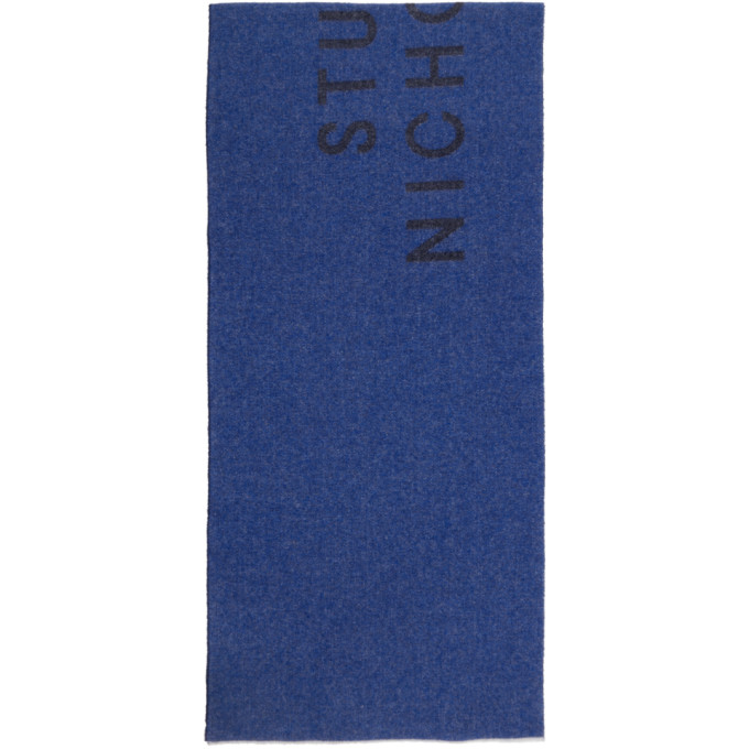 Studio Nicholson Blue and Navy Wool Logo Scarf