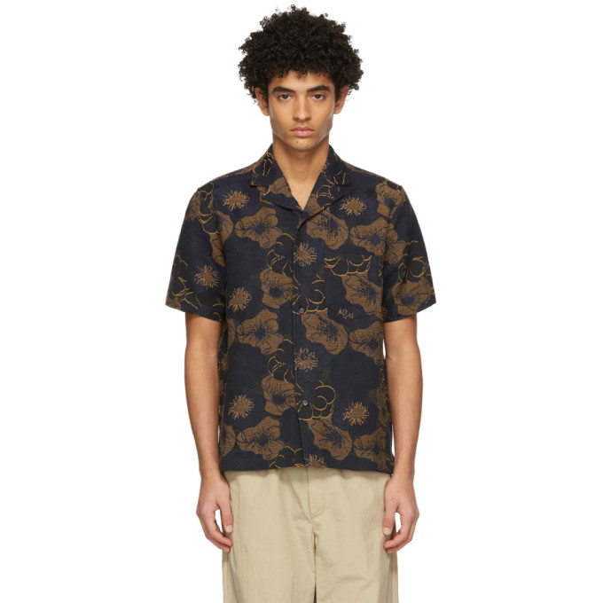 Soulland Navy and Tan Floral Pappy Short Sleeve Shirt