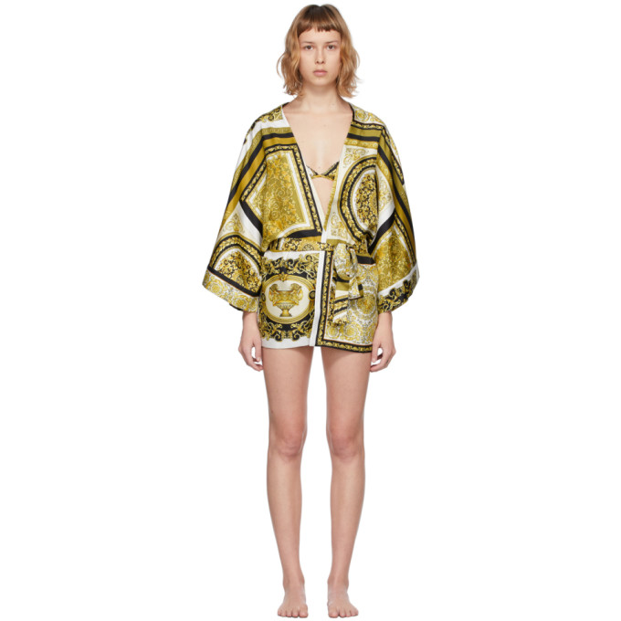 Versace Underwear White Silk Barocco Mosaic Robe