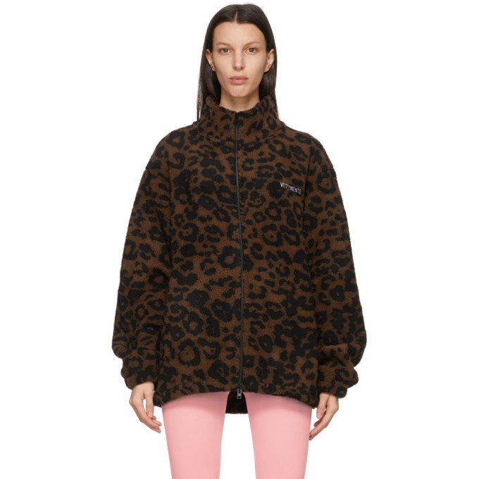 VETEMENTS Brown Fleece Leopard Logo Jacket