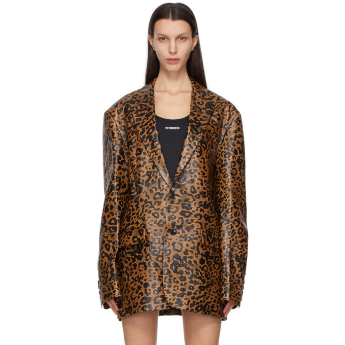 VETEMENTS Brown Leather Leopard Tailored Jacket