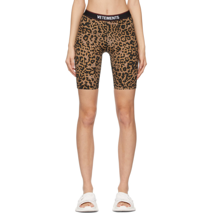 VETEMENTS BROWN LEOPARD LOGO CYCLING SHORTS