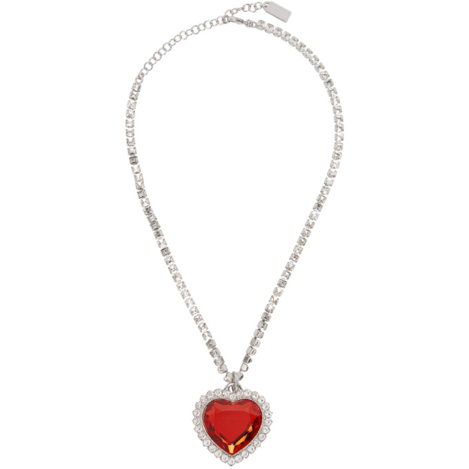 VETEMENTS Silver and Red Crystal Heart Necklace