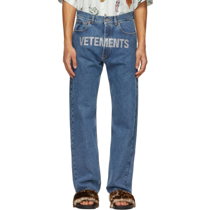 VETEMENTS VETEMENTS BLUE CRYSTAL LOGO STRAIGHT JEANS