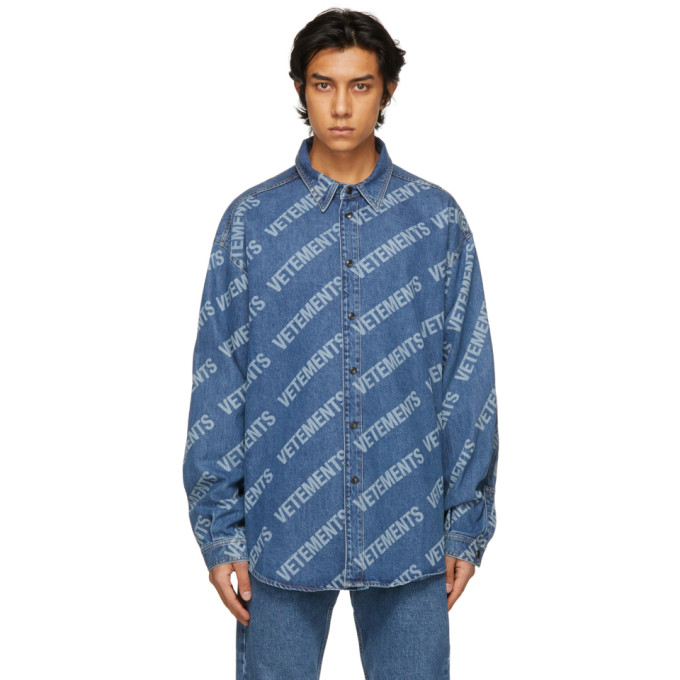 VETEMENTS Blue Denim Allover Logo Shirt