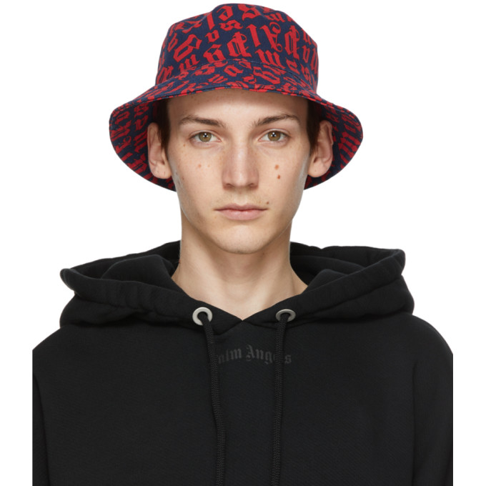 Palm Angels Navy and Red Monogram Bucket Hat