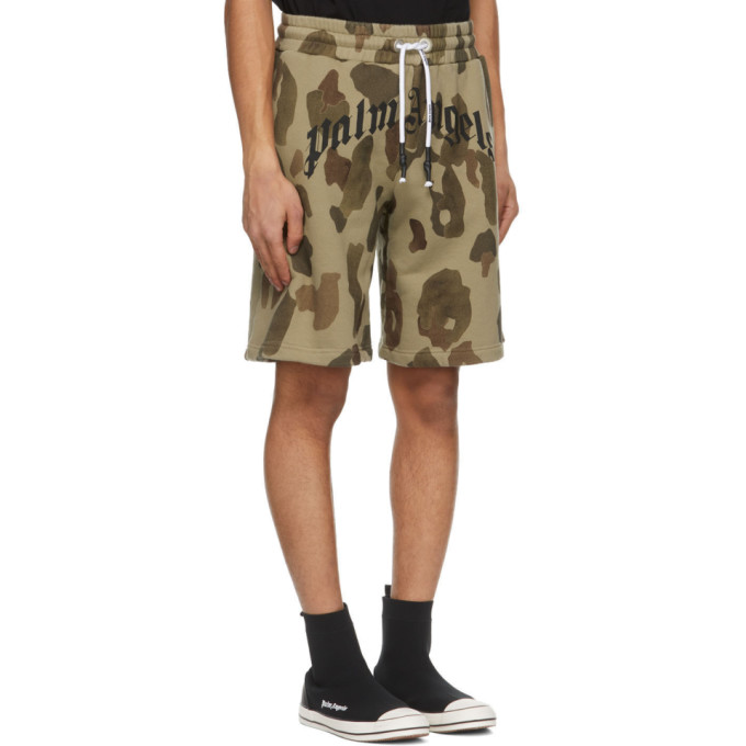 PALM ANGELS KHAKI CAMO CURVED LOGO LOUNGE SHORTS