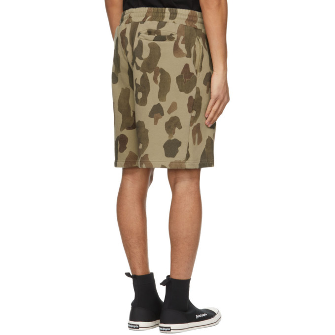 PALM ANGELS KHAKI CAMO CURVED LOGO LOUNGE SHORTS