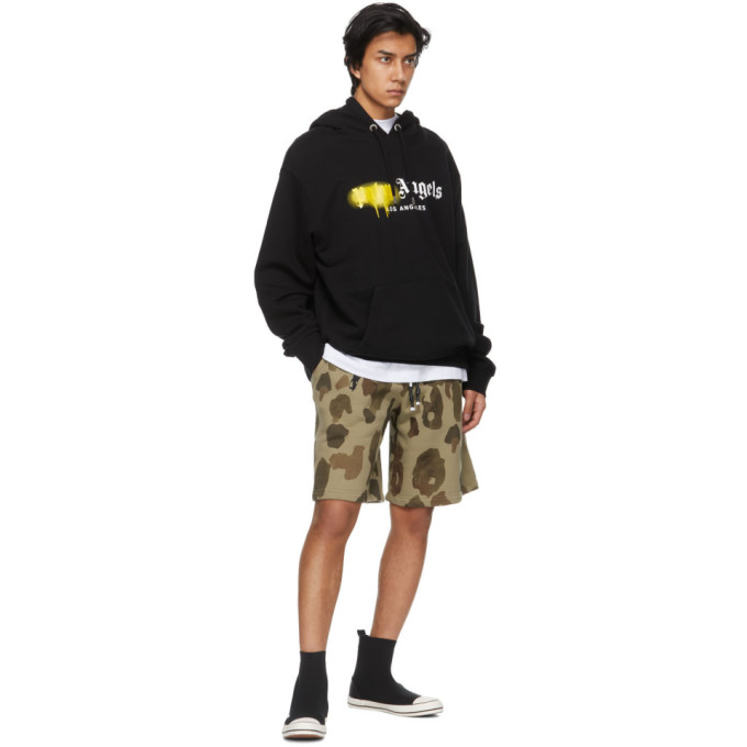 PALM ANGELS KHAKI CAMO CURVED LOGO LOUNGE SHORTS