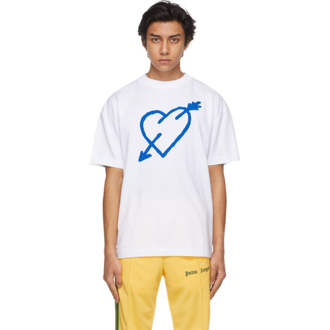 Palm Angels White Pierced Heart T-shirt In White Blue