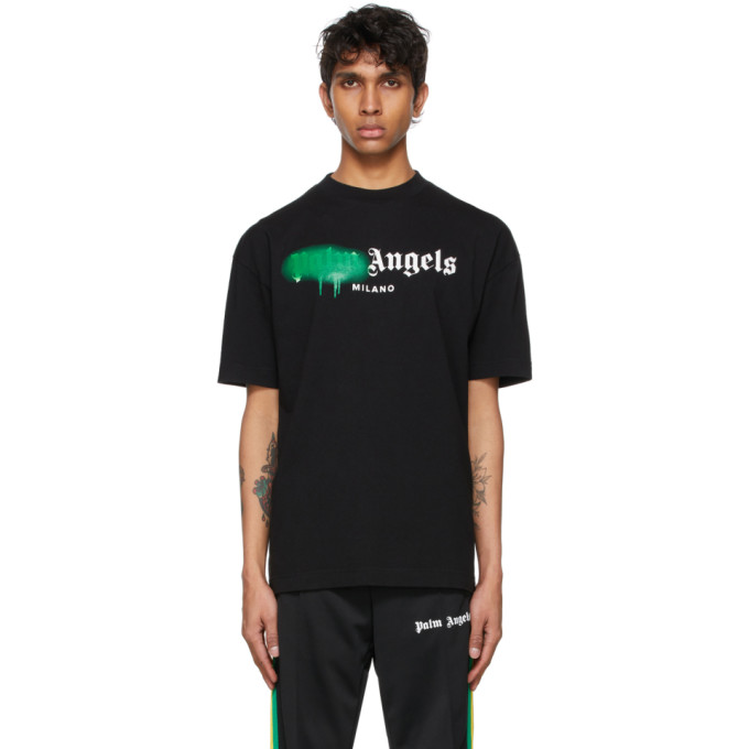 PALM ANGELS BLACK & GREEN SPRAYED LOGO 'MILANO' T-SHIRT