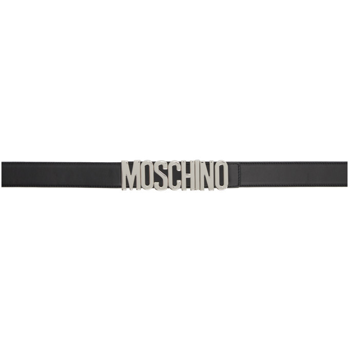 Moschino Black and Silver Leather Logo Belt