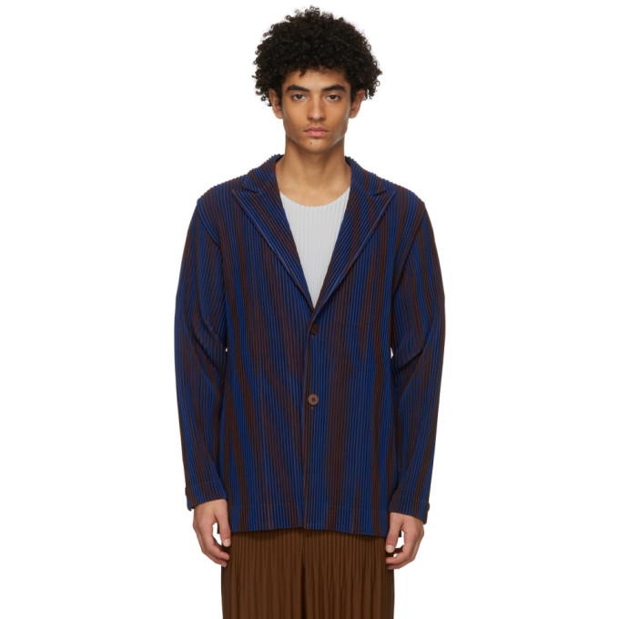 Homme Plisse Issey Miyake Navy and Brown Stripe Hologram Blazer