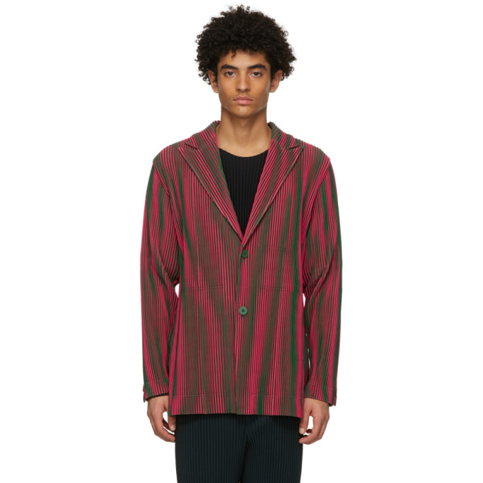 Homme Plisse Issey Miyake Pink and Green Stripe Hologram Blazer