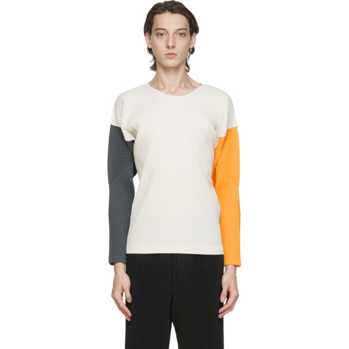 Homme Plisse Issey Miyake Beige Pleated Tricolor Quartet Long Sleeve T-Shirt