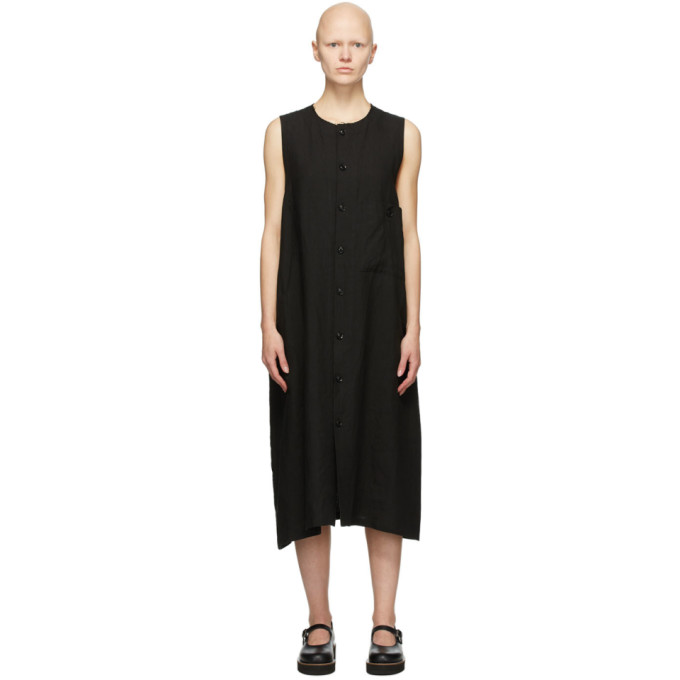 Ys Black Linen Pocket Mid-Length Dress