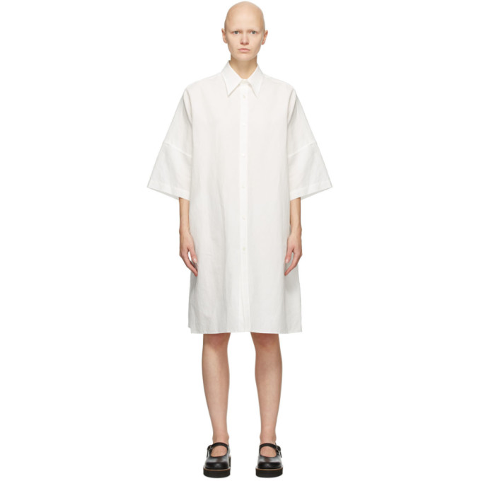 Ys White Linen and Cotton Three-Quarter Sleeve Dress