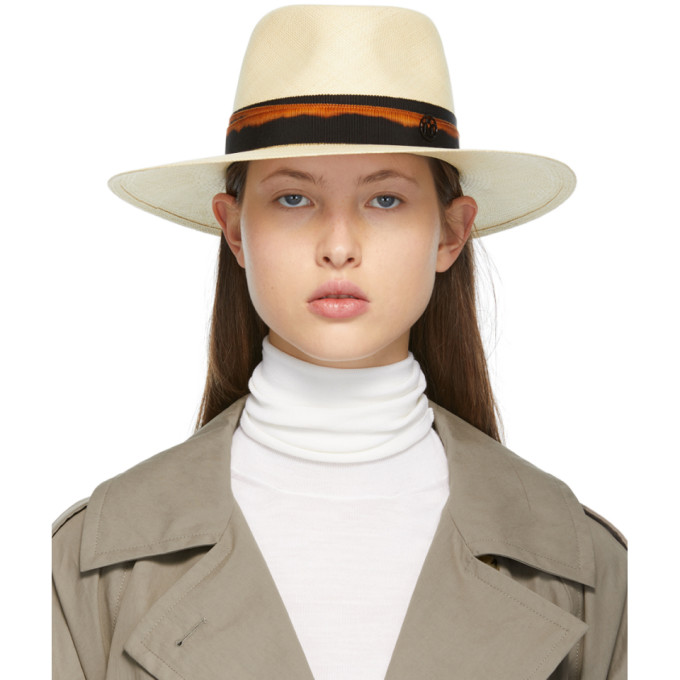 MAISON MICHEL BEIGE & ORANGE STRAW CHARLES PANAMA HAT