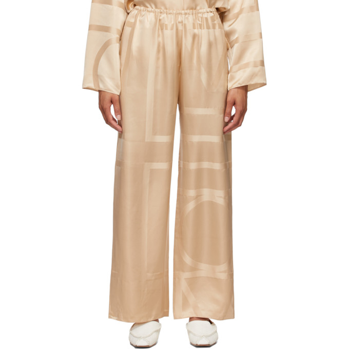 Totême Beige Silk Monogram Pj Lounge Pants In Cafe Au Lait