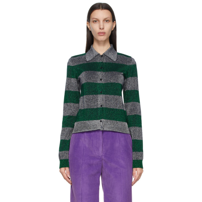 Victoria Beckham Green and Silver Stripe Lurex Cardigan