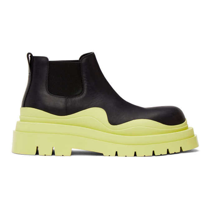 BOTTEGA VENETA BLACK & GREEN LOW 'THE TIRE' CHELSEA BOOTS