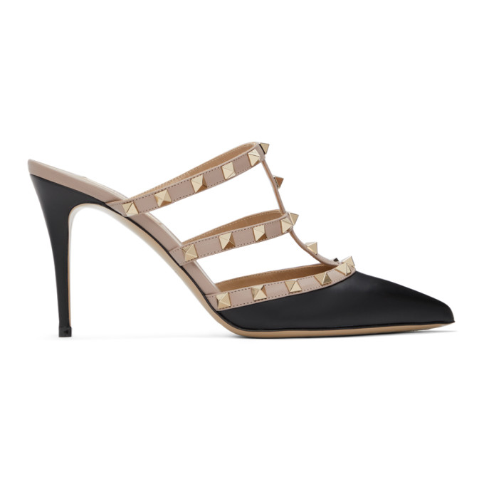 VALENTINO GARAVANI BLACK & PINK VALENTINO GARAVANI ROCKSTUD HEELED MULES