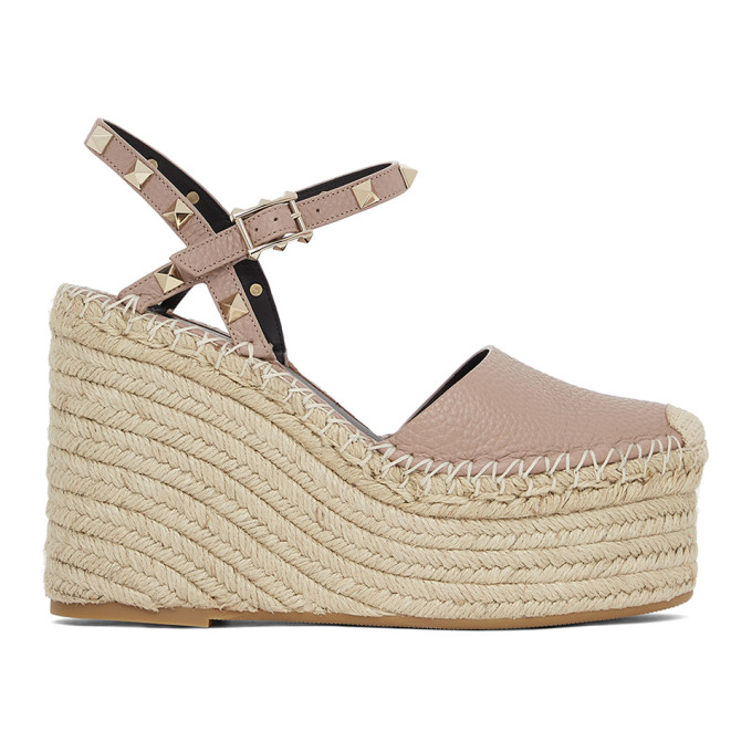 Valentino Garavani Pink  Rockstud Wedge Espadrilles Heels In P98 Poudre