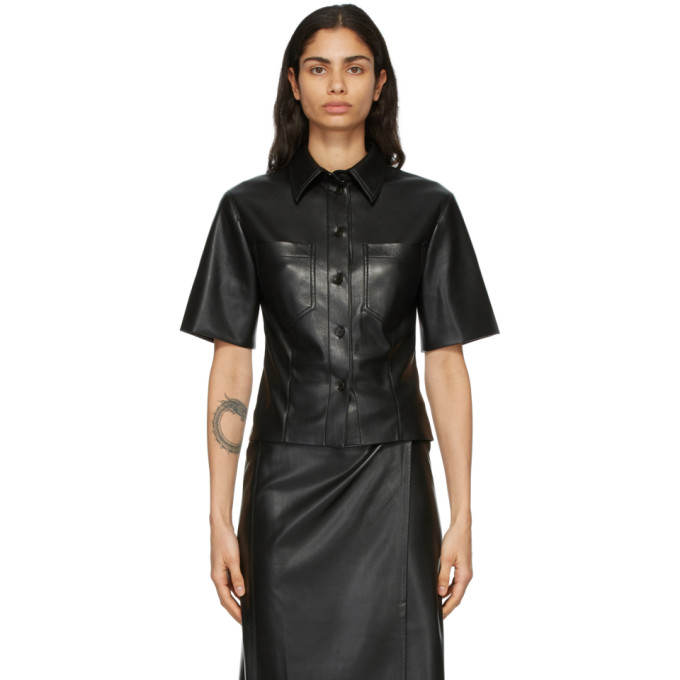 Nanushka Black Vegan Leather Sabine Short Sleeve Shirt