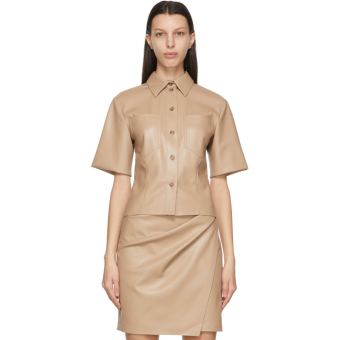 Nanushka Beige Vegan Leather Sabine Short Sleeve Shirt