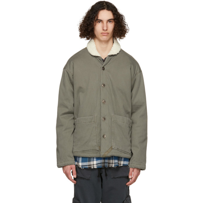 Greg Lauren Khaki Sherpa Shawl Collar Boxy Jacket