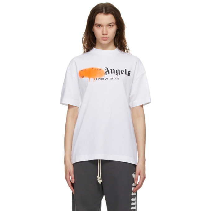 PALM ANGELS WHITE & ORANGE SPRAYED LOGO 'BEVERLY HILLS' T-SHIRT