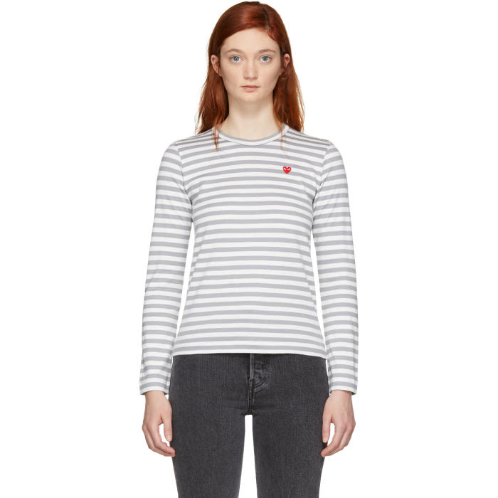 Comme des Garçons Play White and Grey Striped Heart Patch T-Shirt от Ssense WW