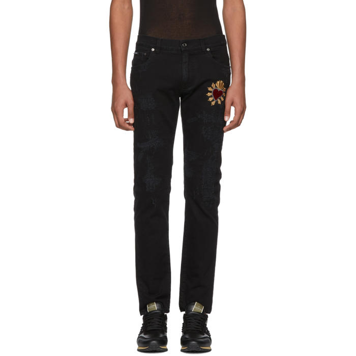 DOLCE & GABBANA DOLCE AND GABBANA BLACK SKINNY DISTRESSED JEANS,GY07CZ G8Y07