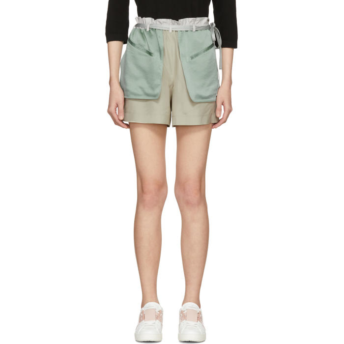 Valentino Grey & Green Silk Hammered Shorts In Neutrals