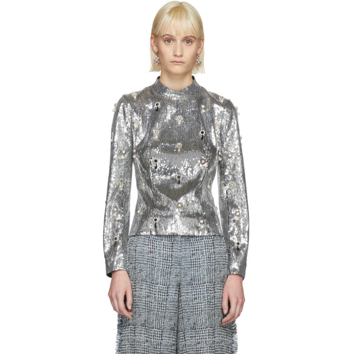 ERDEM ERDEM SILVER SEQUIN TONYA BLOUSE,SS18 5742SSBE