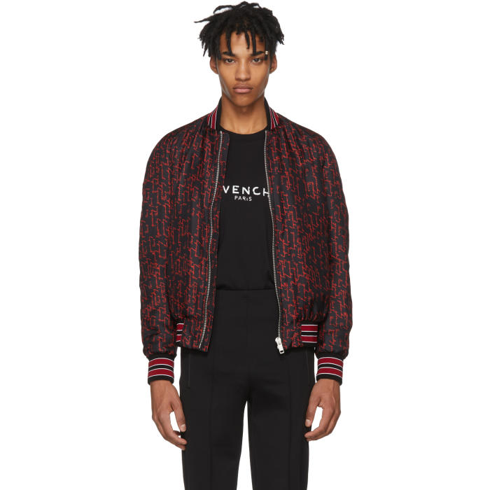 GIVENCHY GIVENCHY BLACK AND RED ALL OVER LOGO SIGNATURE BOMBER JACKET,BM005E10YT