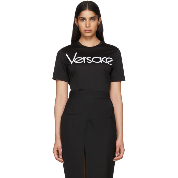 VERSACE VERSACE BLACK EMBROIDERED LOGO T-SHIRT,A80805 A201952