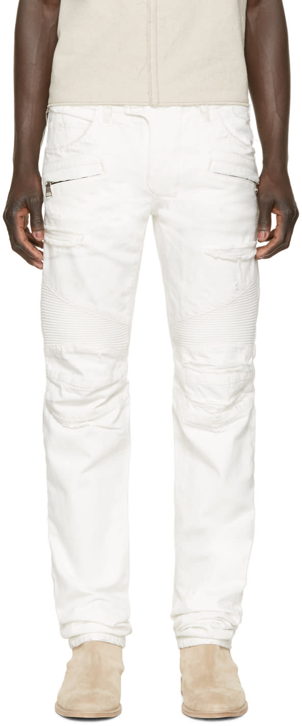 Balmain White Distressed Biker Jeans